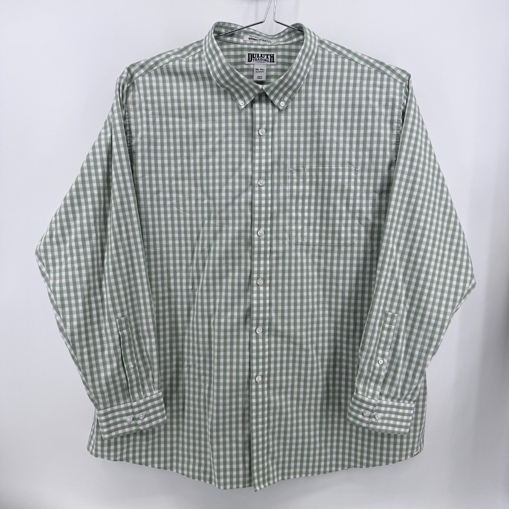Duluth Trading Co Button Up Mens 3XL Tall Wrinklefighter Cotton Green Gingham